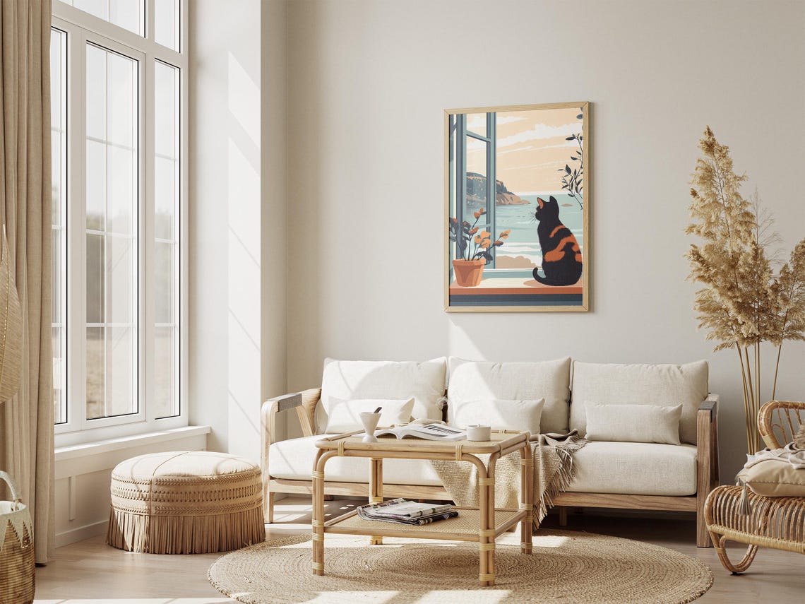 Tortoiseshell Cat Gazing Out Coastal Window Illustration Poster - Image 4