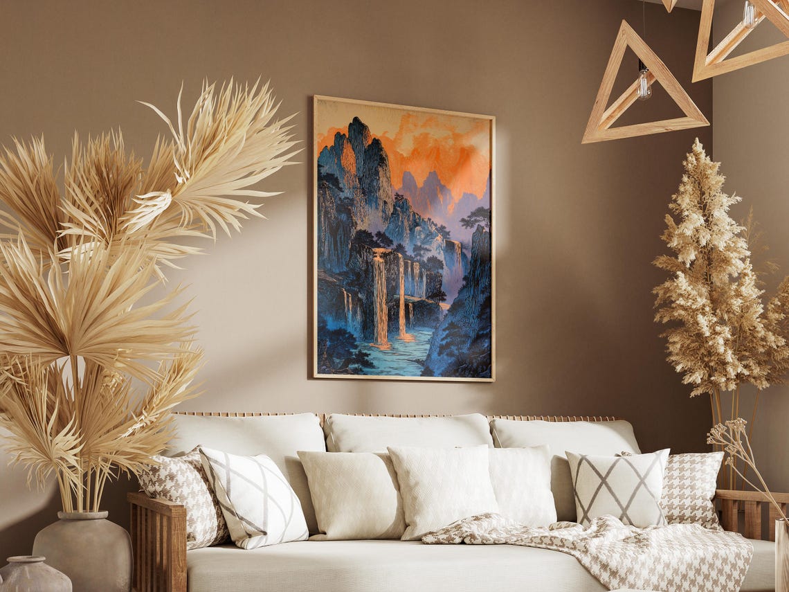 Sunset Waterfalls and Jagged Mountain Peaks Japanese Art Poster - Image 3
