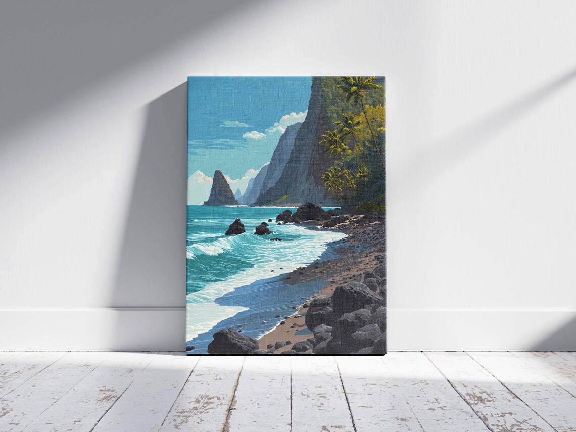 Hawaii Black Sand Beach Lava Rock Waves Vintage Travel Art Poster - Image 2