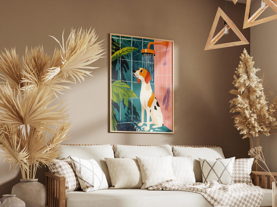Beagle Dog Standing Under a Golden Tropical Showerhead Poster - Image 3