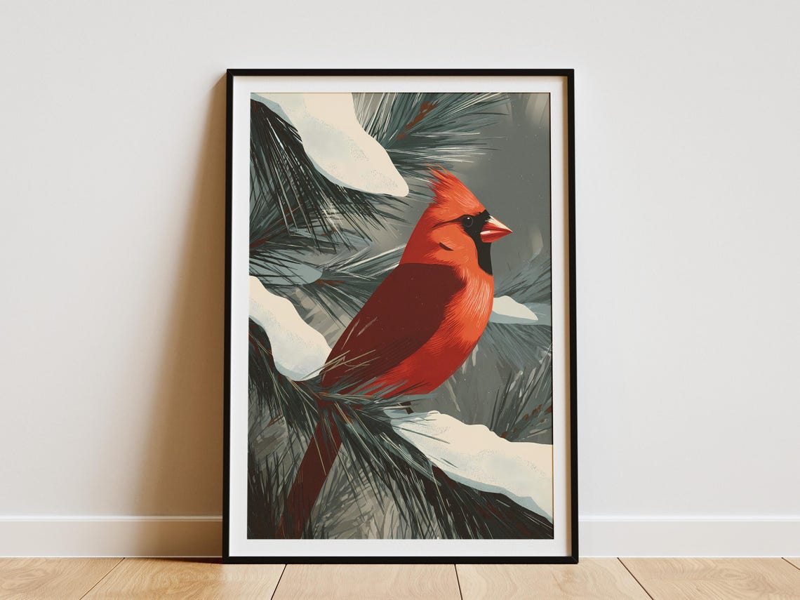 Red Cardinal Winter Pine Snow Bird Elegant Nature Art Poster