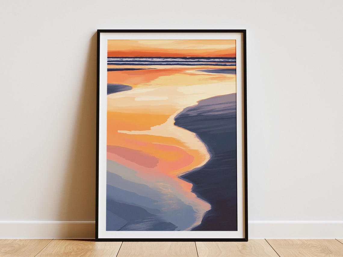 Abstract Orange and Blue Sunset Reflections on Calm Water Poster