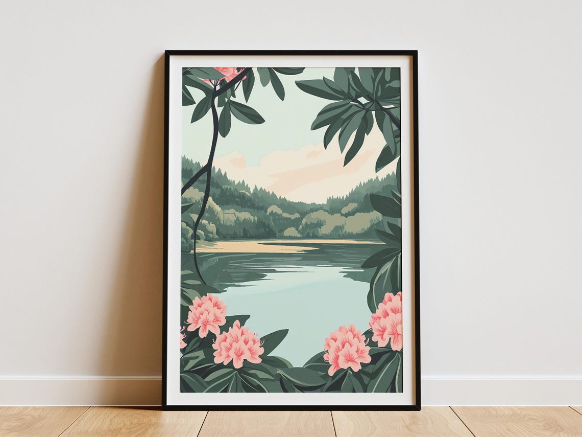 Rhododendron Framed Lake Forest Hills Peaceful Landscape Poster