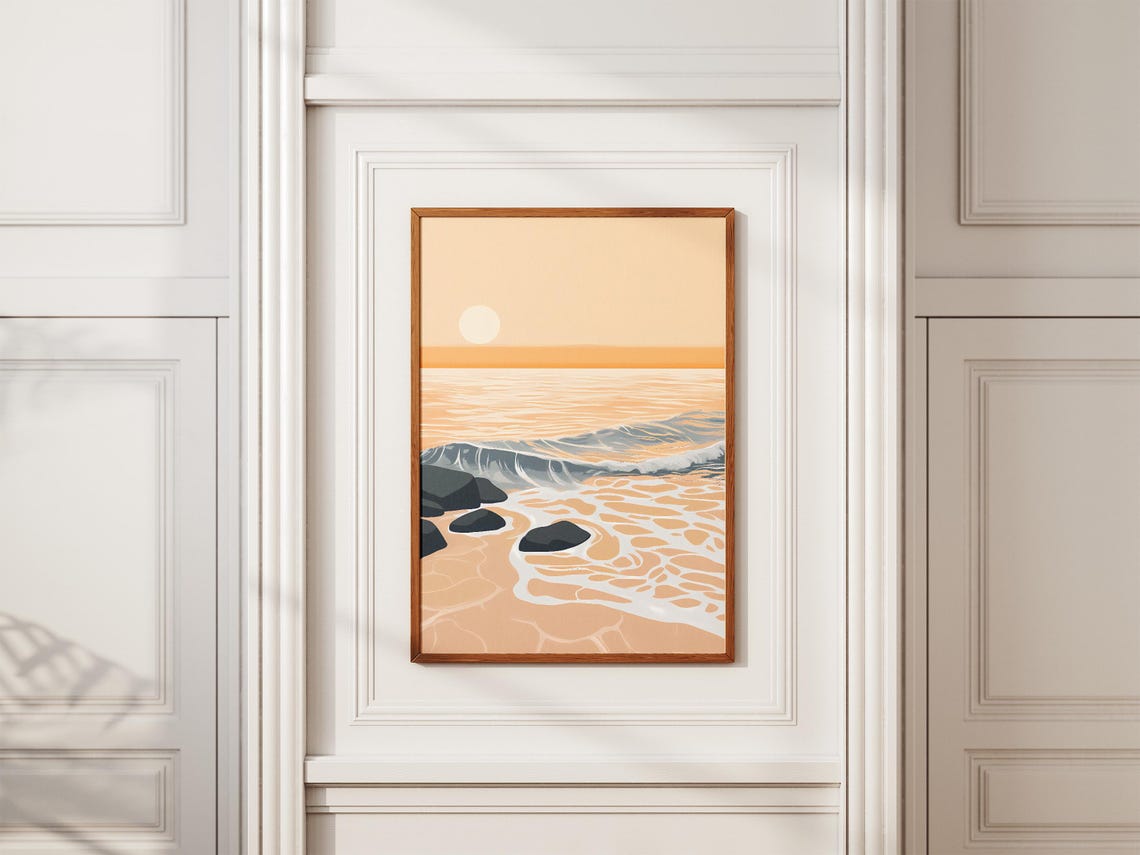 Beige Minimalist Sunset Ocean Rocks Abstract Coastal Art Poster - Image 2