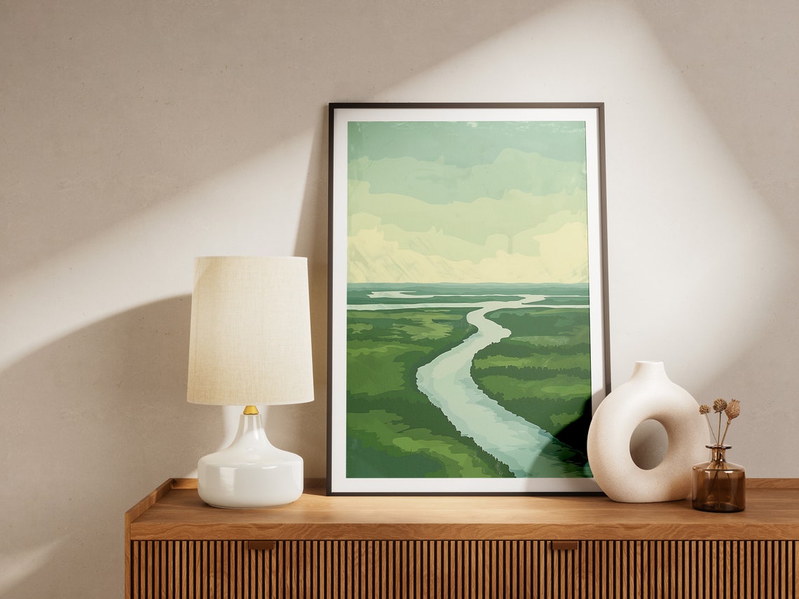 Winding River Through Rolling Green Plains Aerial Landscape Poster - Image 2
