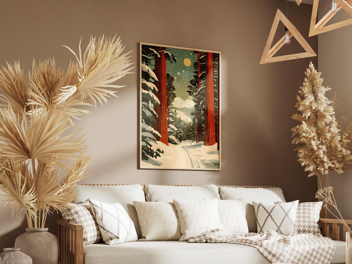 Moonlit Snowy Redwood Forest Path With Giant Trees Winter Poster - Image 3