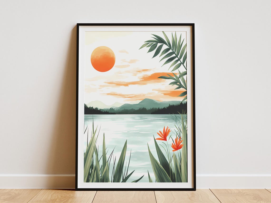 Orange Sunset Over Still Lake With Tropical Red Flowers Poster
