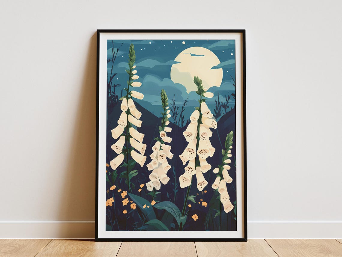 White Foxgloves Under a Full Moon Night Garden Botanical Poster