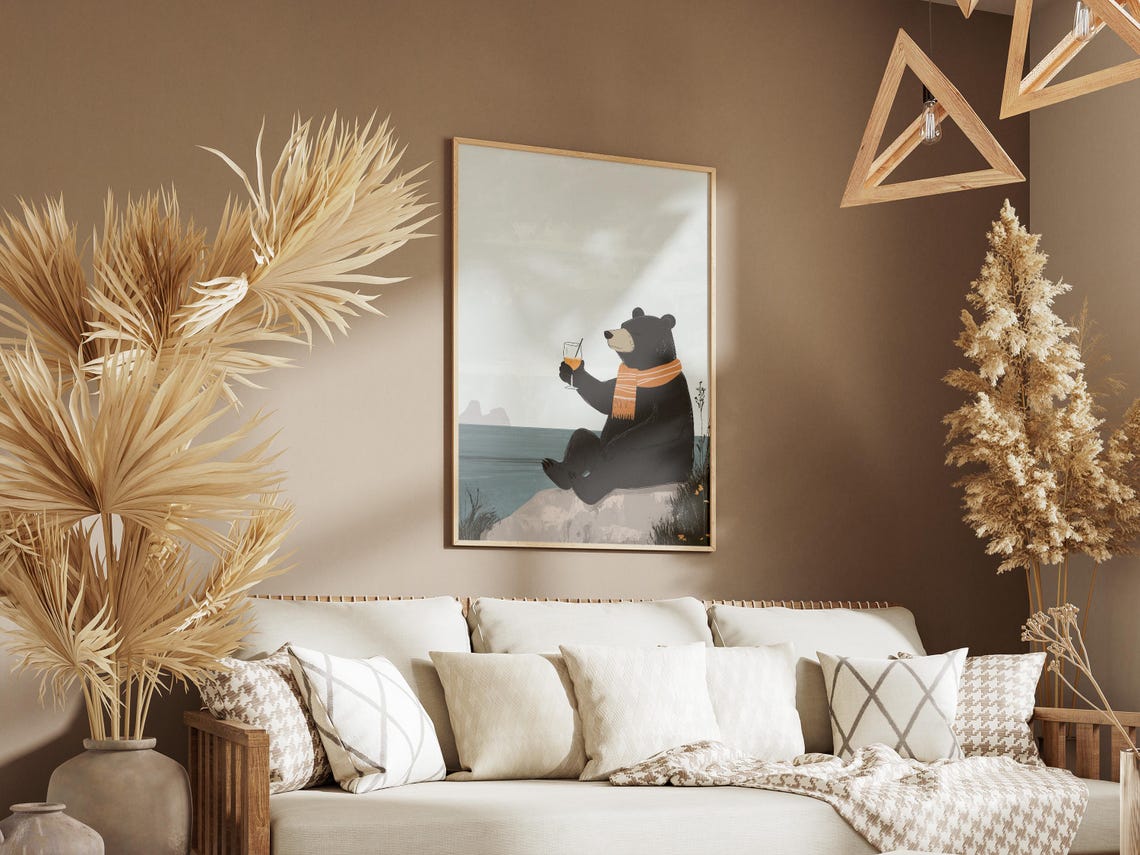 Black Bear In Scarf Drinking Cocktail Seaside Rock View Poster - Image 3