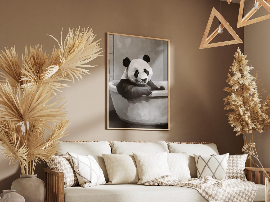 Panda Bear Bathtub Print Minimalist Bathroom Art Wall Funny Animal Poster Black And White Lover Gift - Image 3