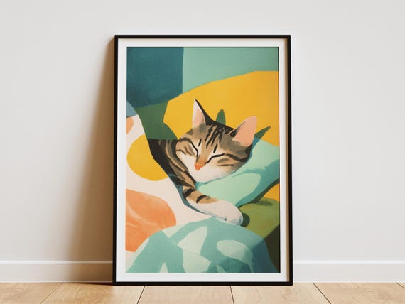 Matisse Style Domestic Shorthair Cat Sleeping Art Print Cozy Bedroom Wall Decor Abstract Lover Gift Modern Tabby Kitten Pet Portrait
