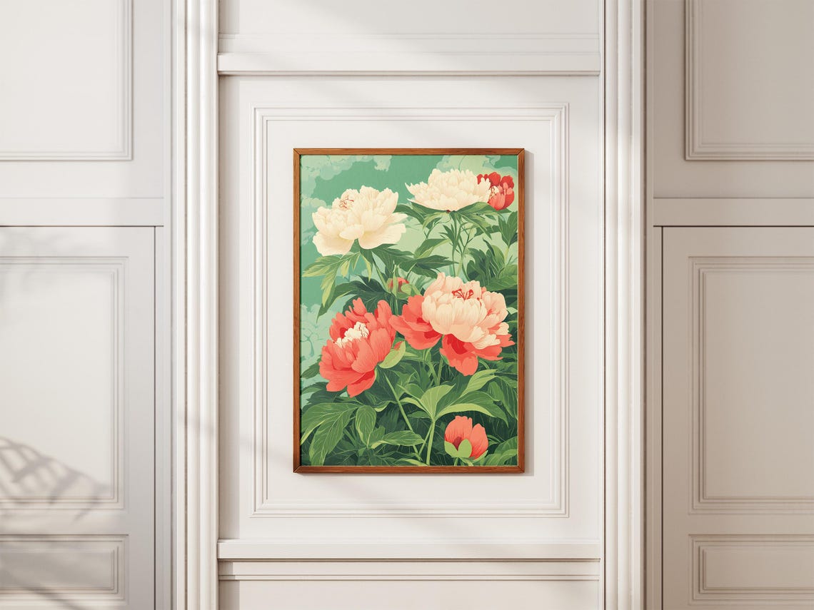 Coral Pink White Peonies Lush Green Botanical Floral Art Poster - Image 2