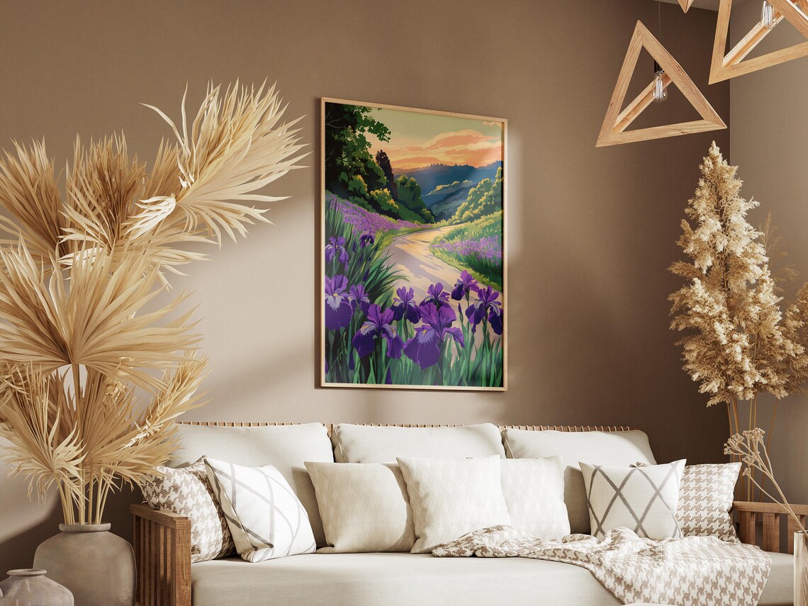 Purple Irises Along Country Road Sunset Valley Flower Poster - Image 3
