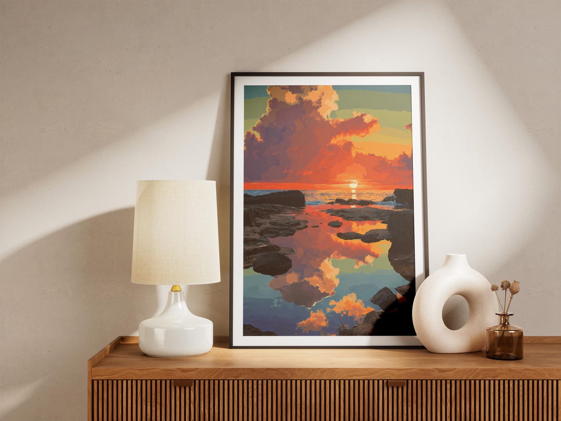 Fiery Sunset Rocky Tide Pools Mirror Reflection Ocean Poster - Image 4