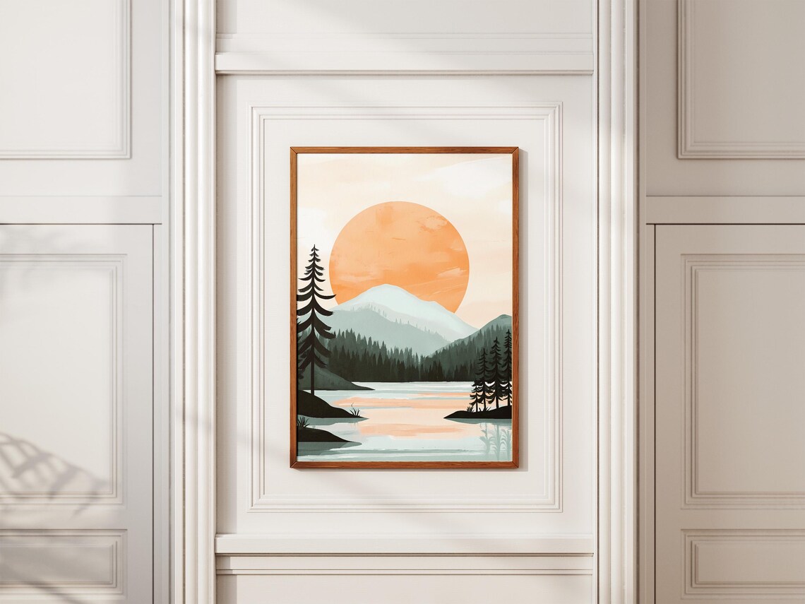 Giant Peach Sun Over Calm Mountain Lake Pines Minimalist Poster - Image 2