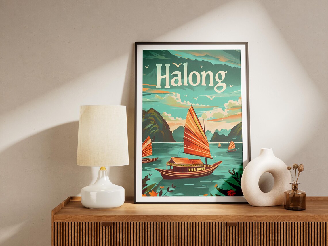 Halong Bay Vietnam Red Sail Junk Boat Vintage Travel Art Poster - Image 2