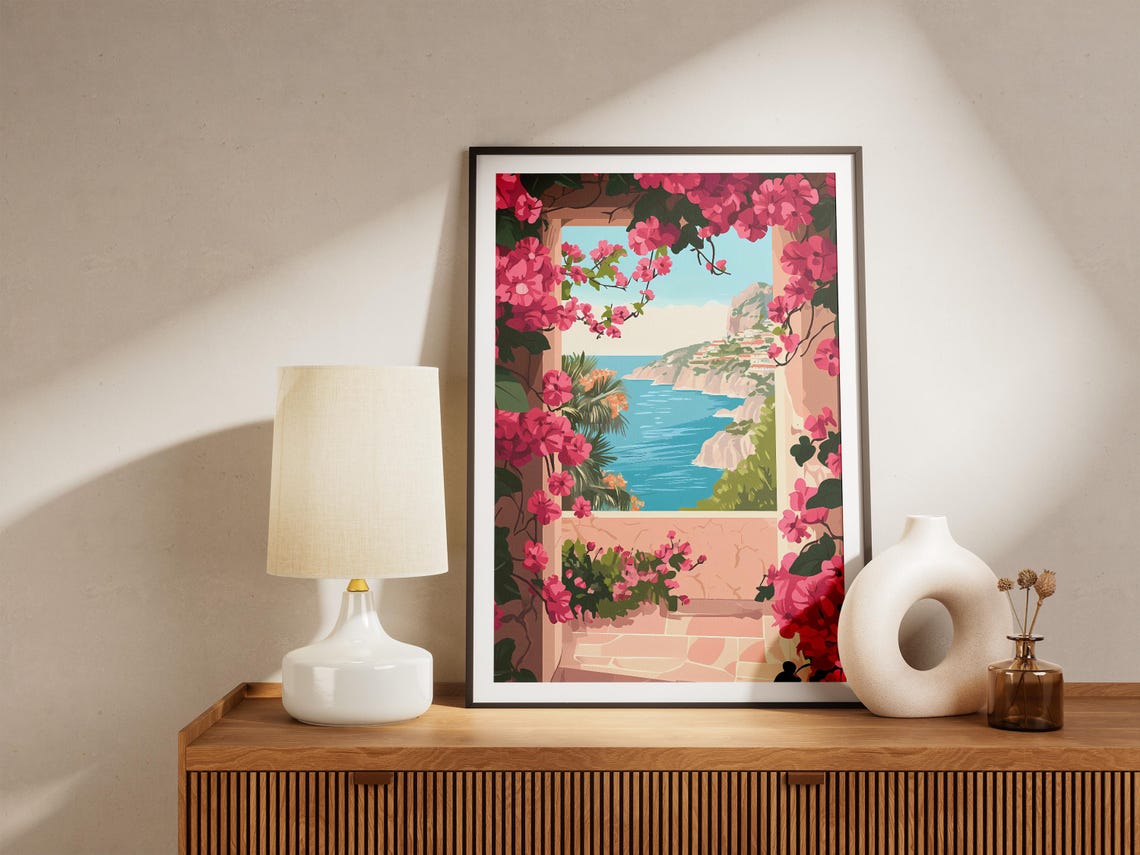 Bougainvillea Arch Coastal Cliff View Pink Blooms Sea Poster - Image 5
