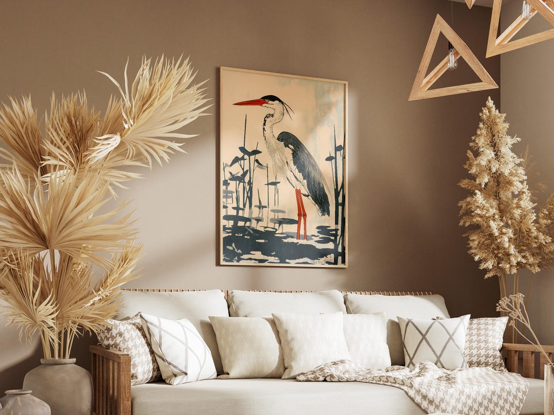 Grey Heron Standing In Marsh Reeds Minimalist Ink Art Poster - Image 3