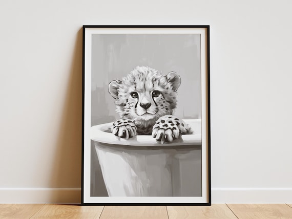 Cheetah Cub In A Bathtub With Paws Over Edge Black White Poster