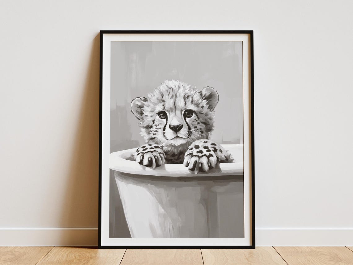 Cheetah Cub In A Bathtub With Paws Over Edge Black White Poster