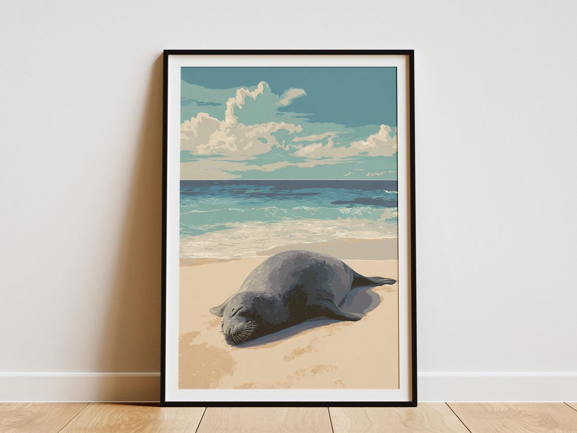 Sleeping Hawaiian Monk Seal Beach Ocean Scene Animal Art Poster
