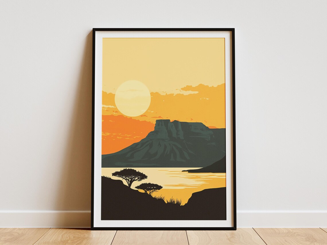 Table Mountain Golden Sunset Silhouette Travel Art Poster Scenic