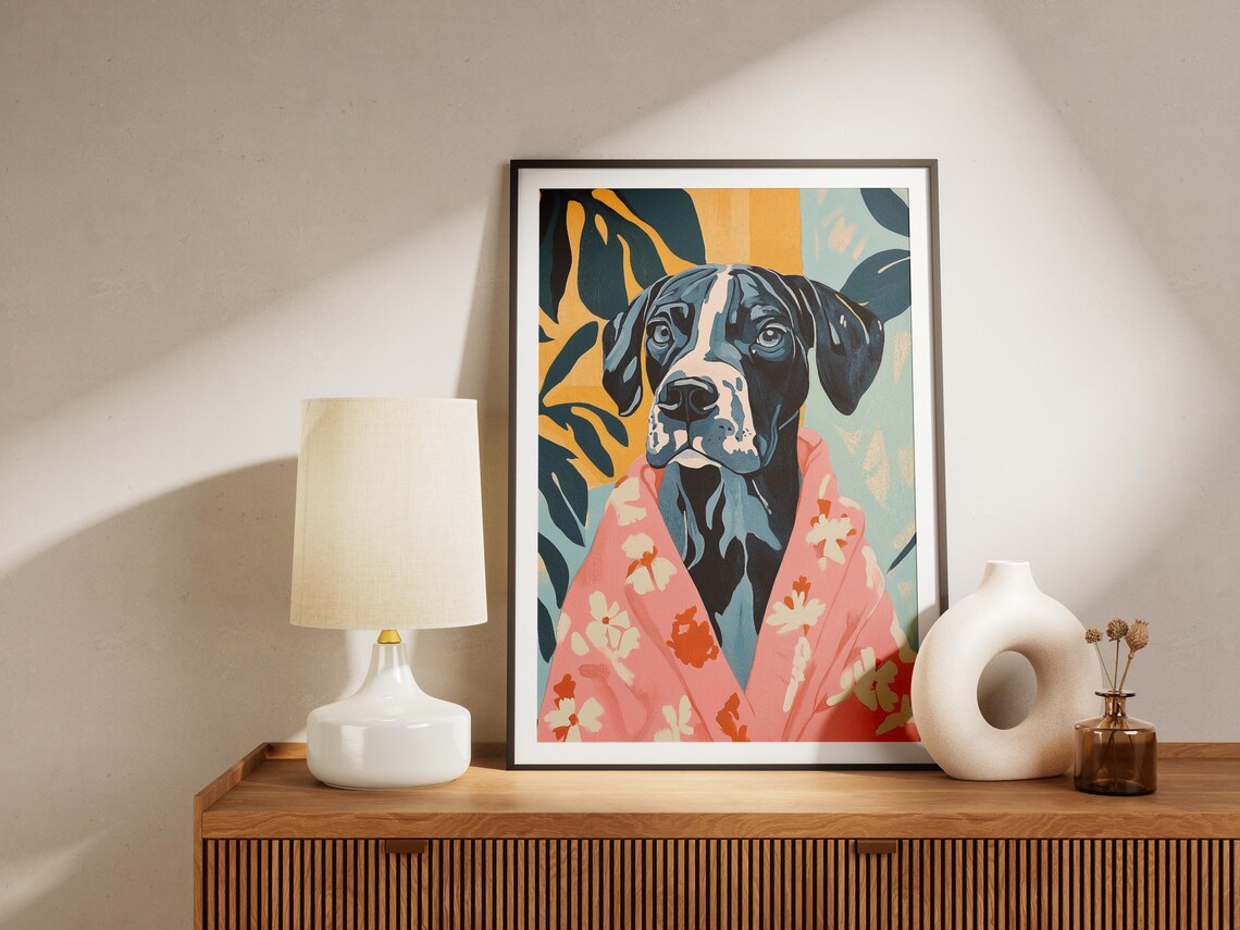 Great Dane In Pink Floral Robe Poster Funny Dog Portrait For Home Decor - Image 4