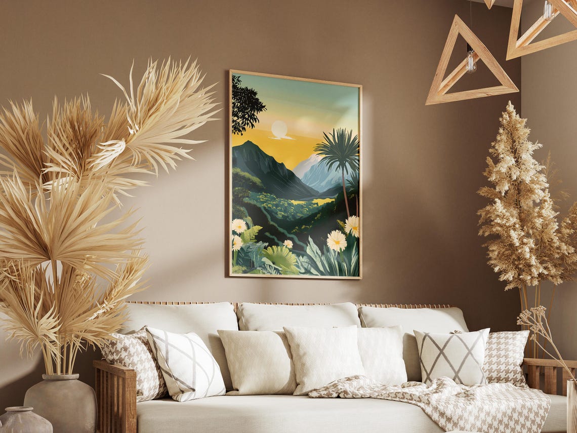 Yellow Sunset Mountain Landscape Posternature Art Printtropical Plantsfloral Illustrationboho Decormodern Wall Arthome Decoroffice - Image 3