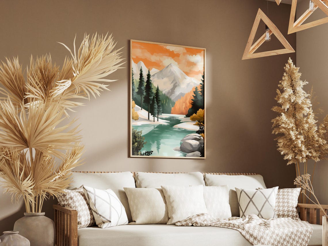 Turquoise Mountain River at Sunset Flowing Below Snowy Peaks Poster - Image 3