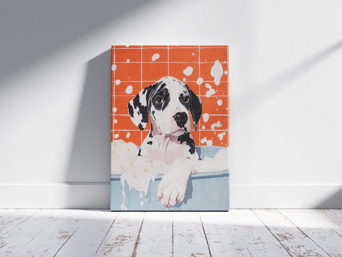 Great Dane Puppy In Bathtub Poster Print Cute Dog Wall Art Bathroom Decor Pet Portrait Animal Lover Gift Funny - Image 2