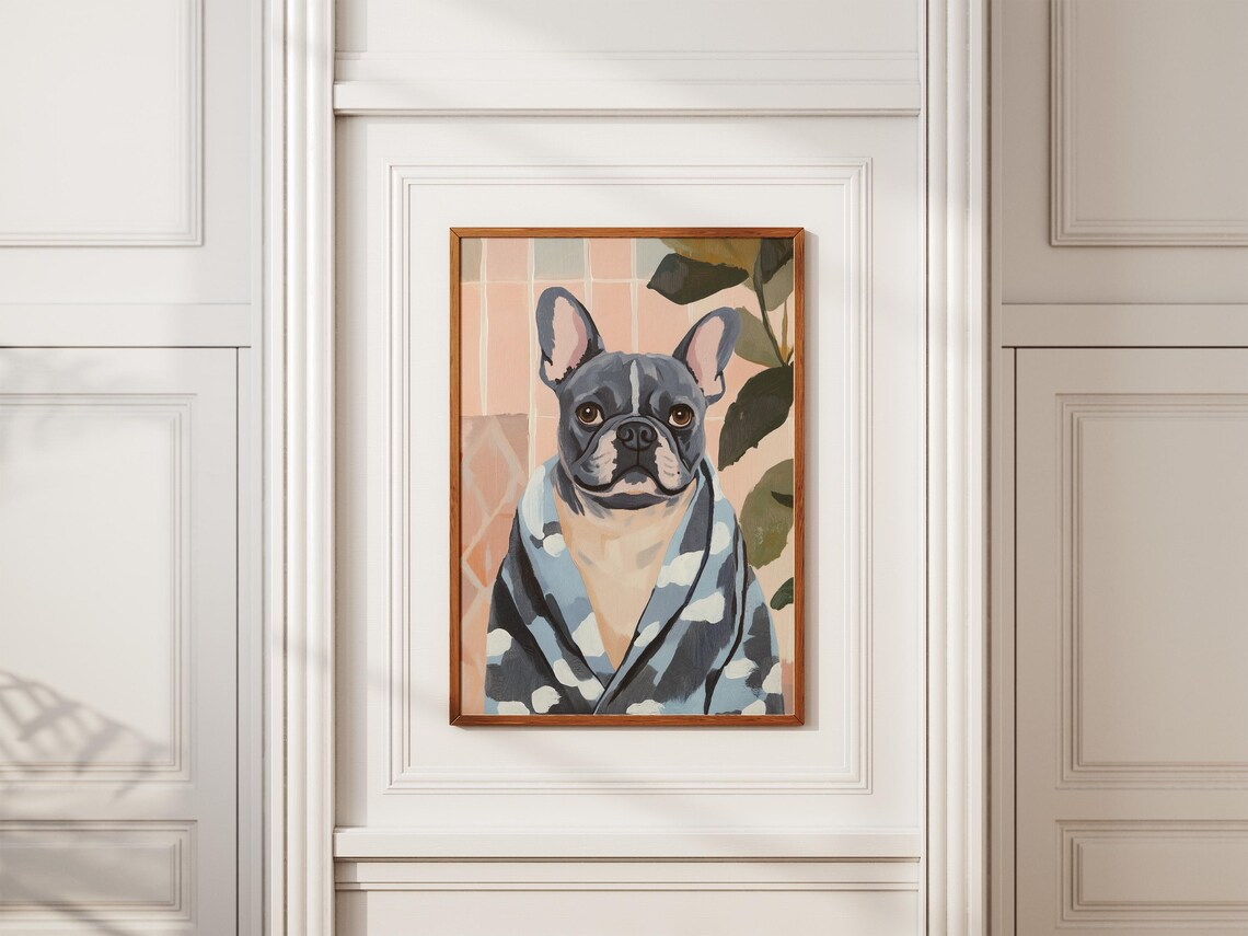 French Bulldog in Blue Polka Dot Bathrobe Funny Dog Art Poster - Image 2