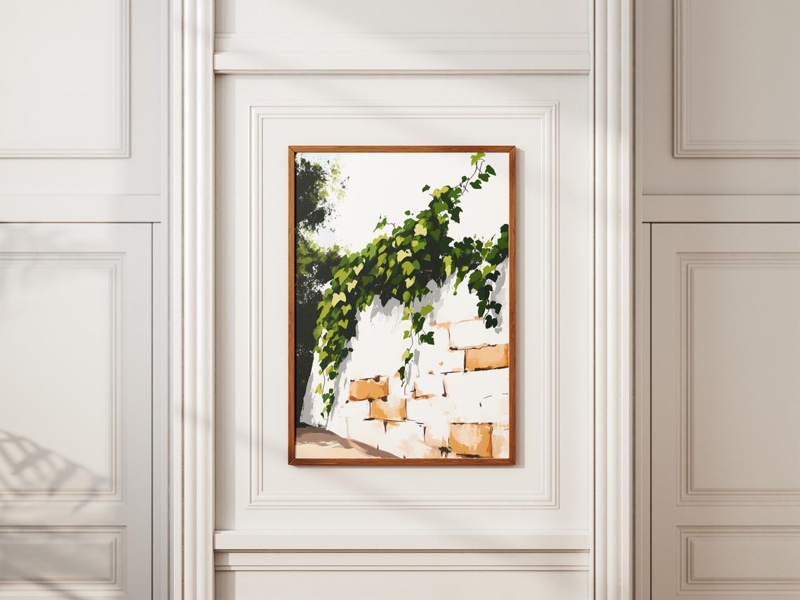 Trailing Green Vines on a Sunlit Stone Wall Botanical Art Poster - Image 2