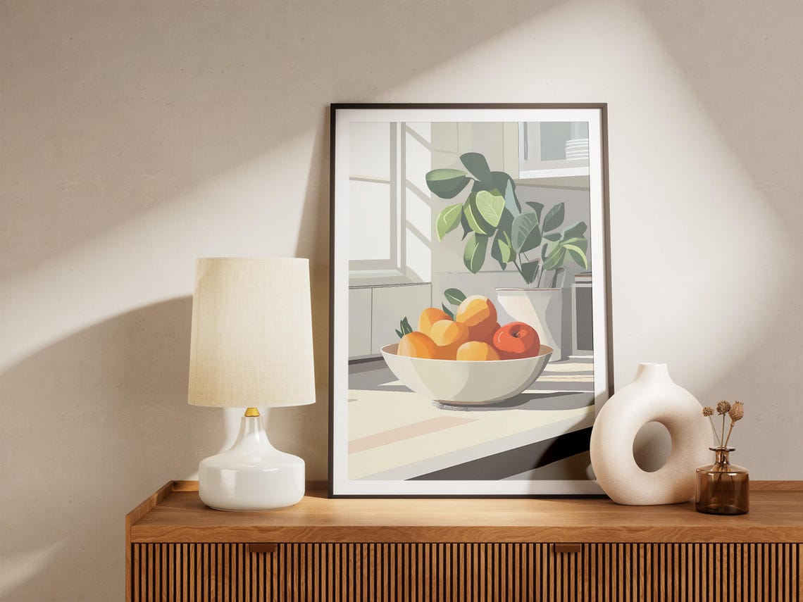 Sunlit Fruit Bowl Oranges Apples Kitchen Counter Still Life Poster - Image 5