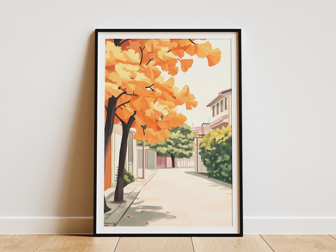 Autumn Ginkgo Tree City Street Golden Fall Foliage Art Poster