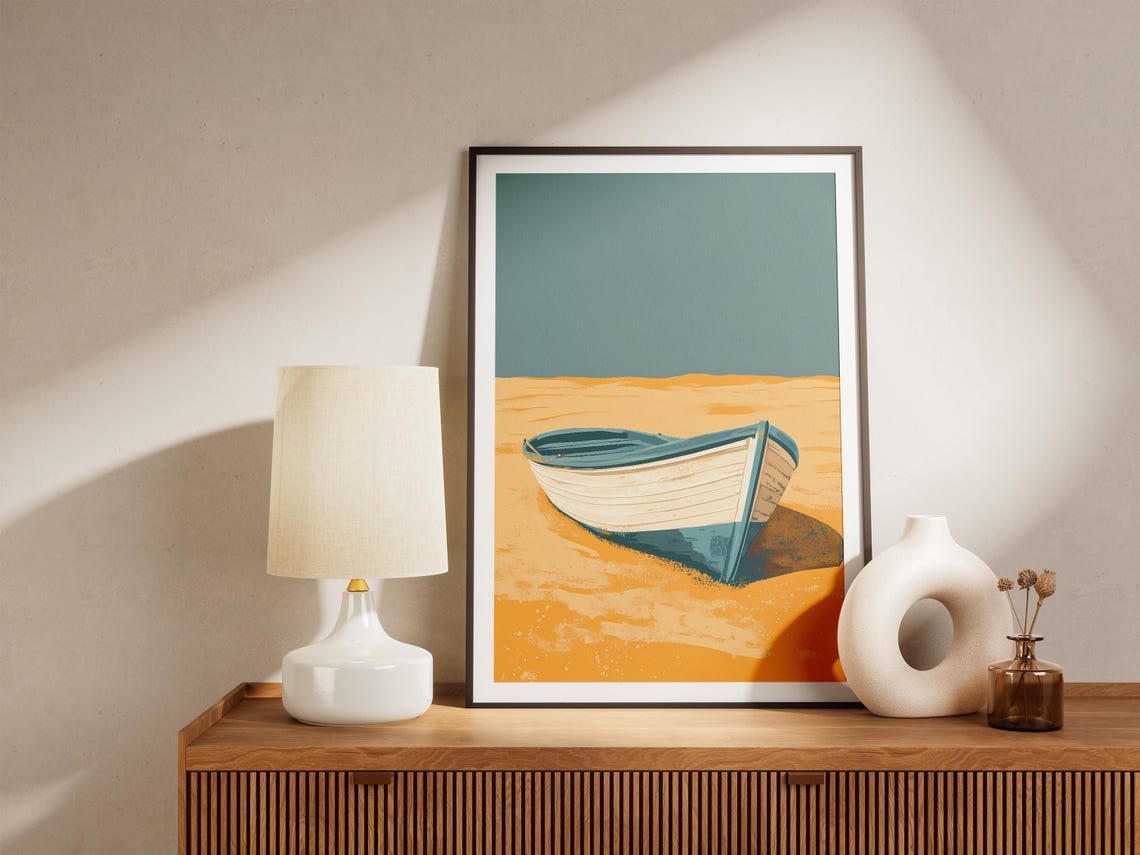 White Rowboat On Golden Sand Beach Minimalist Nautical Poster - Image 5