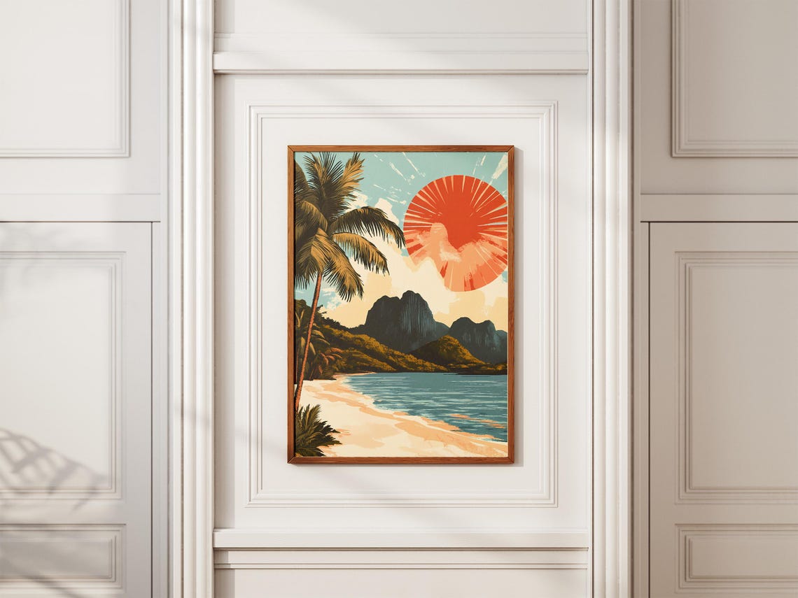 Pamalican Island Retro Beach Scene with Red Sun Travel Poster - Image 2