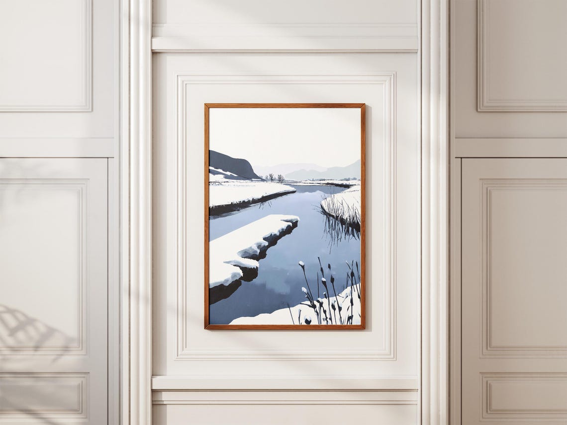 Minimalist Snow Covered Winter River Landscape Blue Hues Poster - Image 2