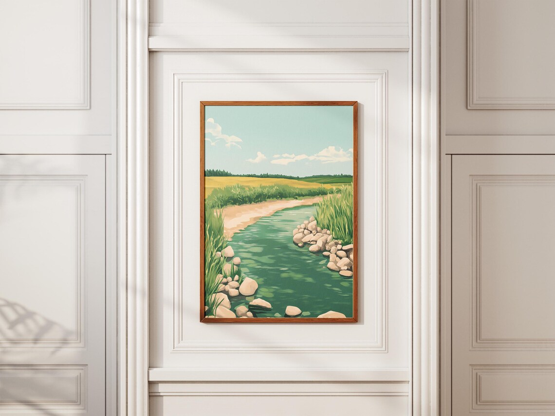 Green Summer River Rocks Grasses Golden Field Countryside Art Poster - Image 2