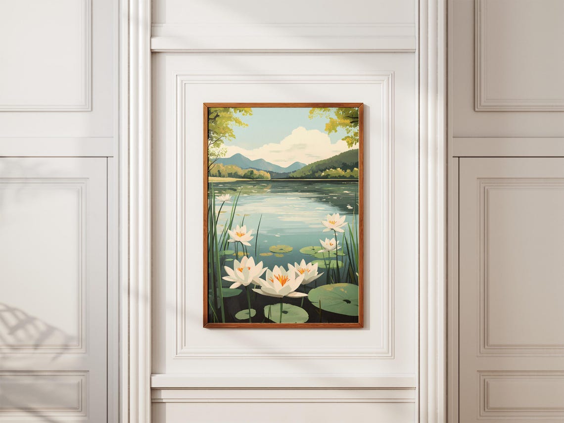 White Water Lilies On Mountain Lake Serene Botanical Art Poster - Image 2