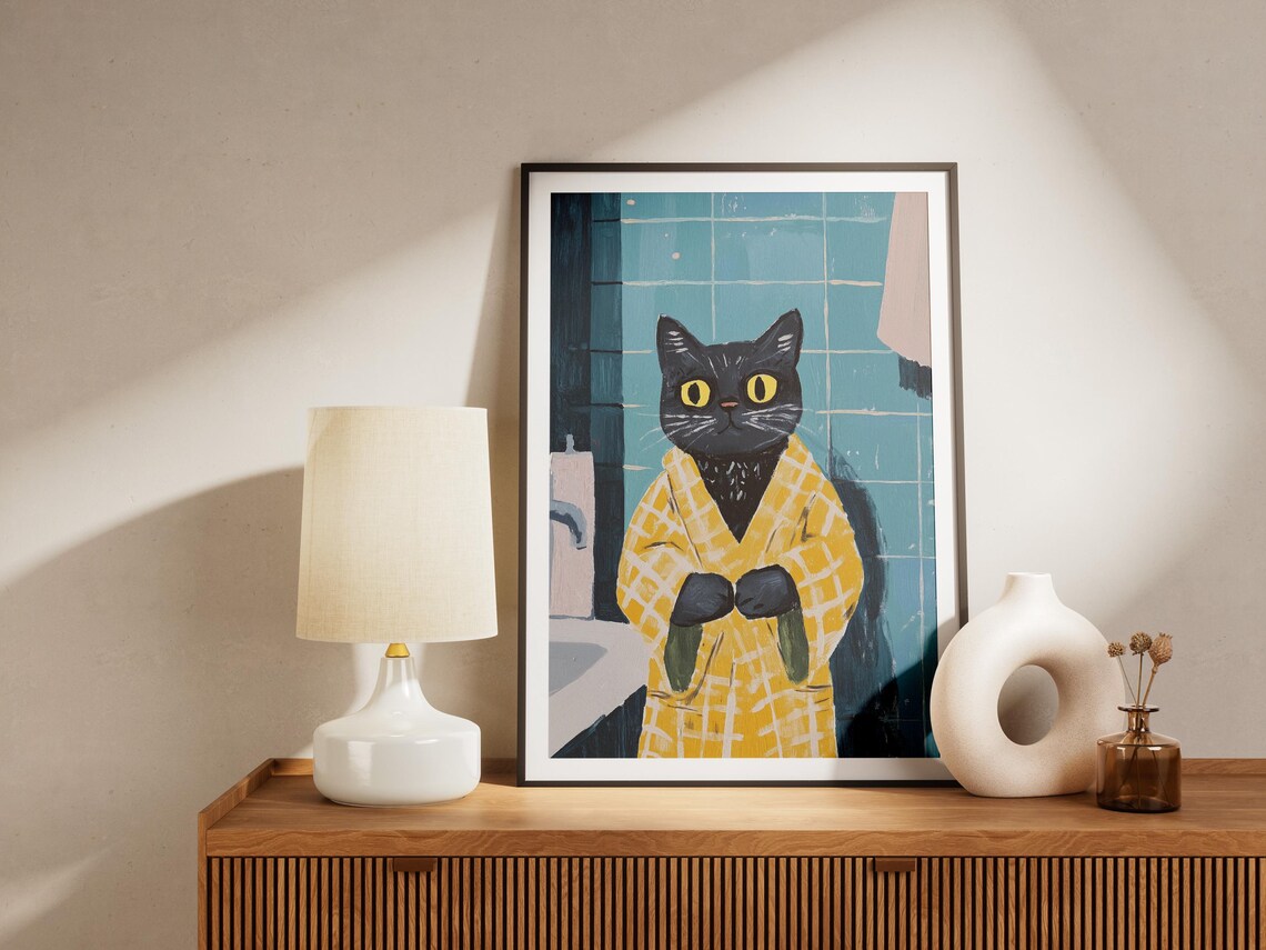 Black Cat Yellow Bathrobe Teal Bathroom Whimsical Art Poster - Image 4