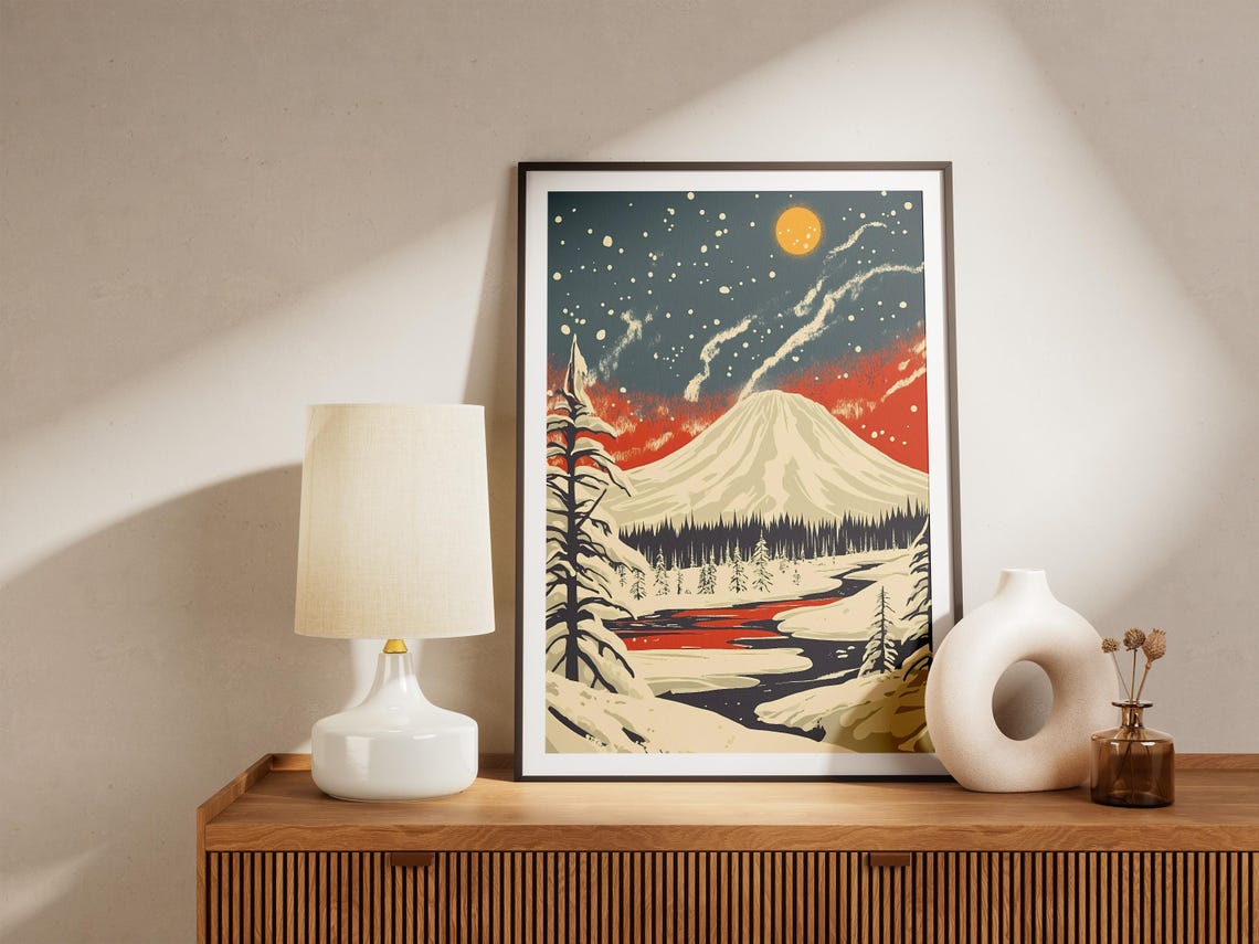 Snowy Mountain Peak at Sunset With a Glowing Yellow Moon Poster - Image 4