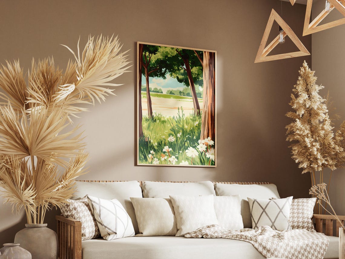 Summer Meadow With White Daisies Between Two Tall Trees Poster - Image 3