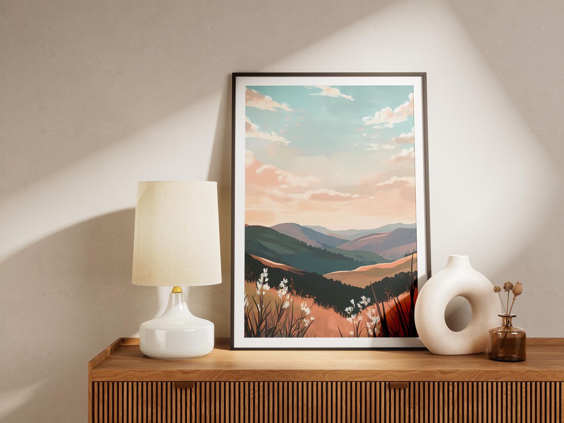 Rolling Sunset Hills with Wildflowers and Layered Peaks Poster - Image 5