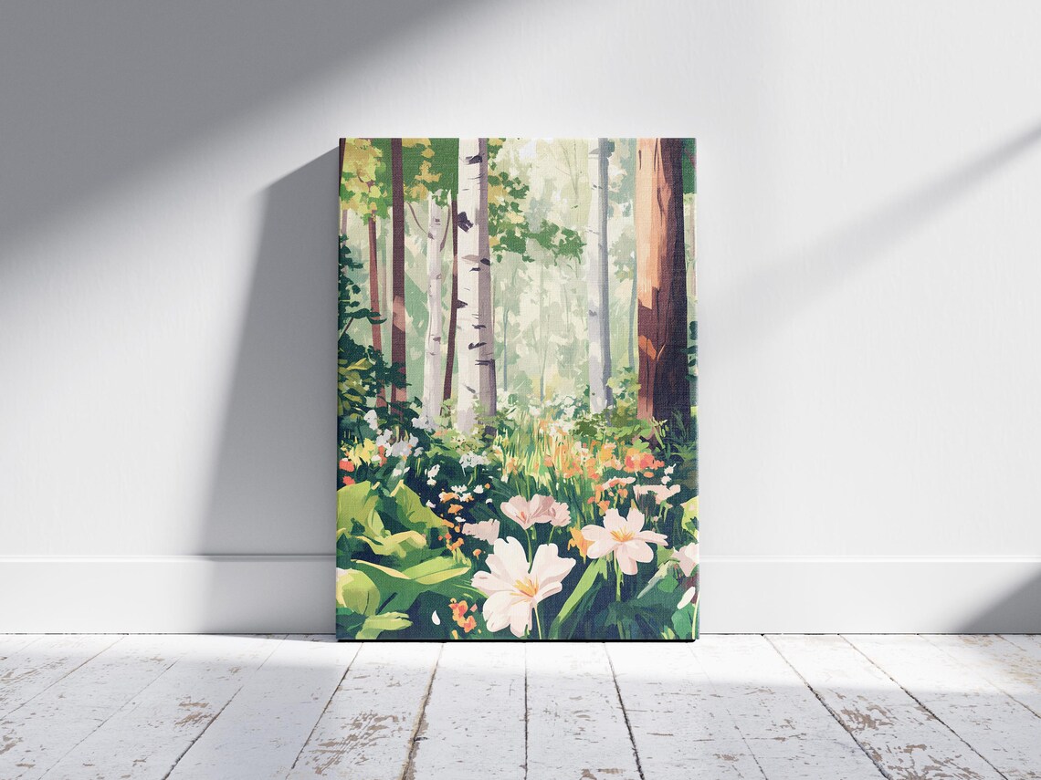 Sunlit Forest Clearing Wildflowers Birch Trees Botanical Nature Art Poster - Image 2
