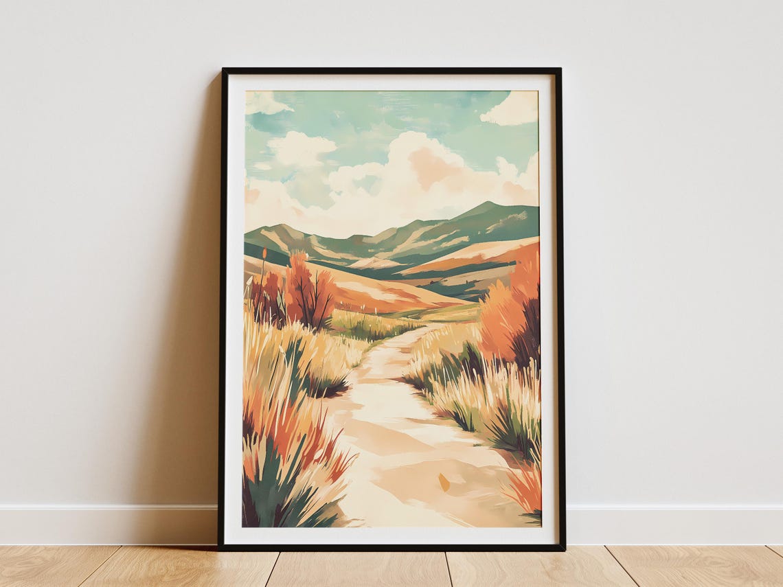 Sunset Meadow Trail Through Orange Grasses and Green Hills Poster