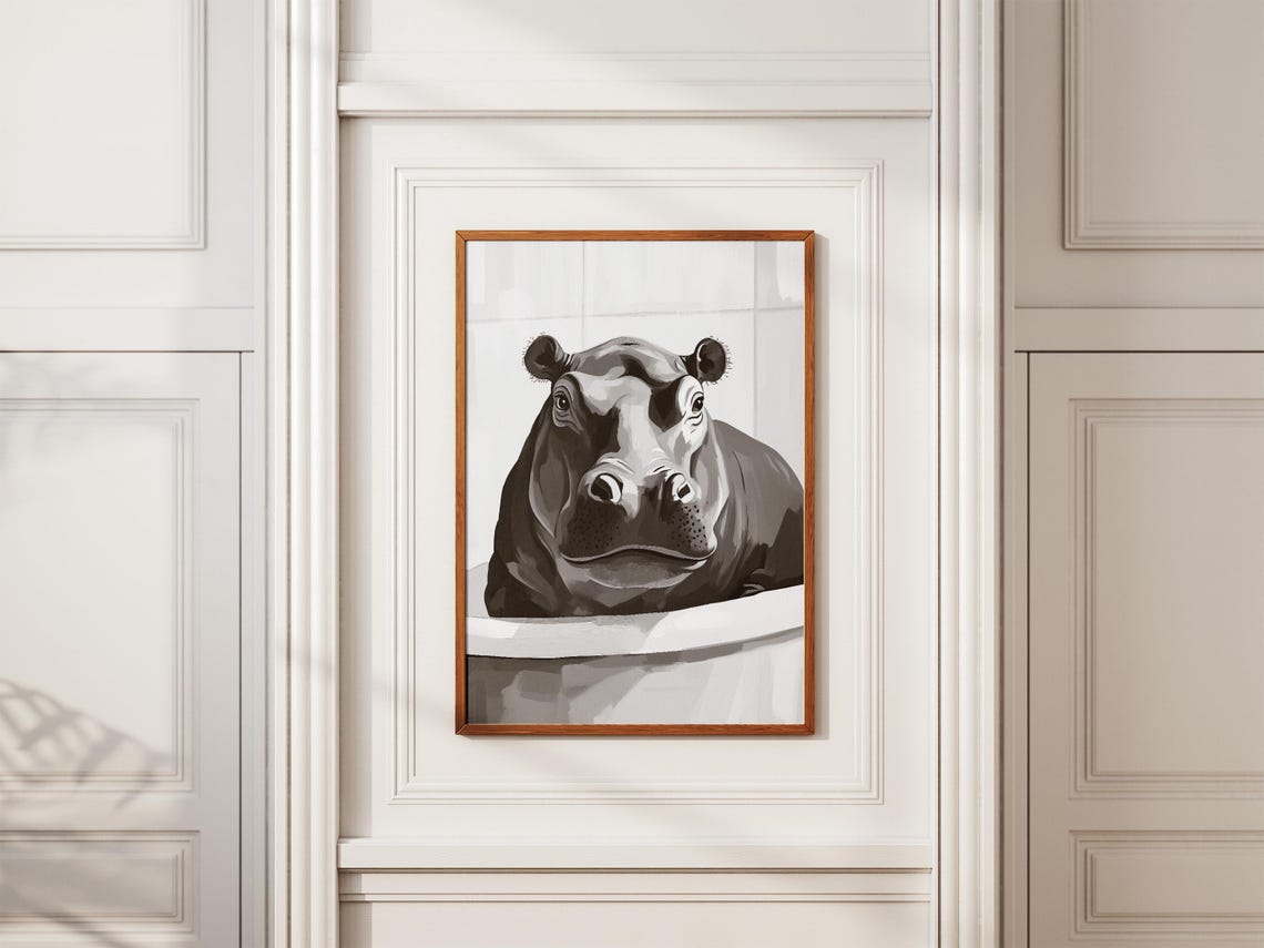 Hippo In Bathtub Poster Animal Art Print Minimalist Bathroom Decor Wall Funny Lover Gift - Image 2