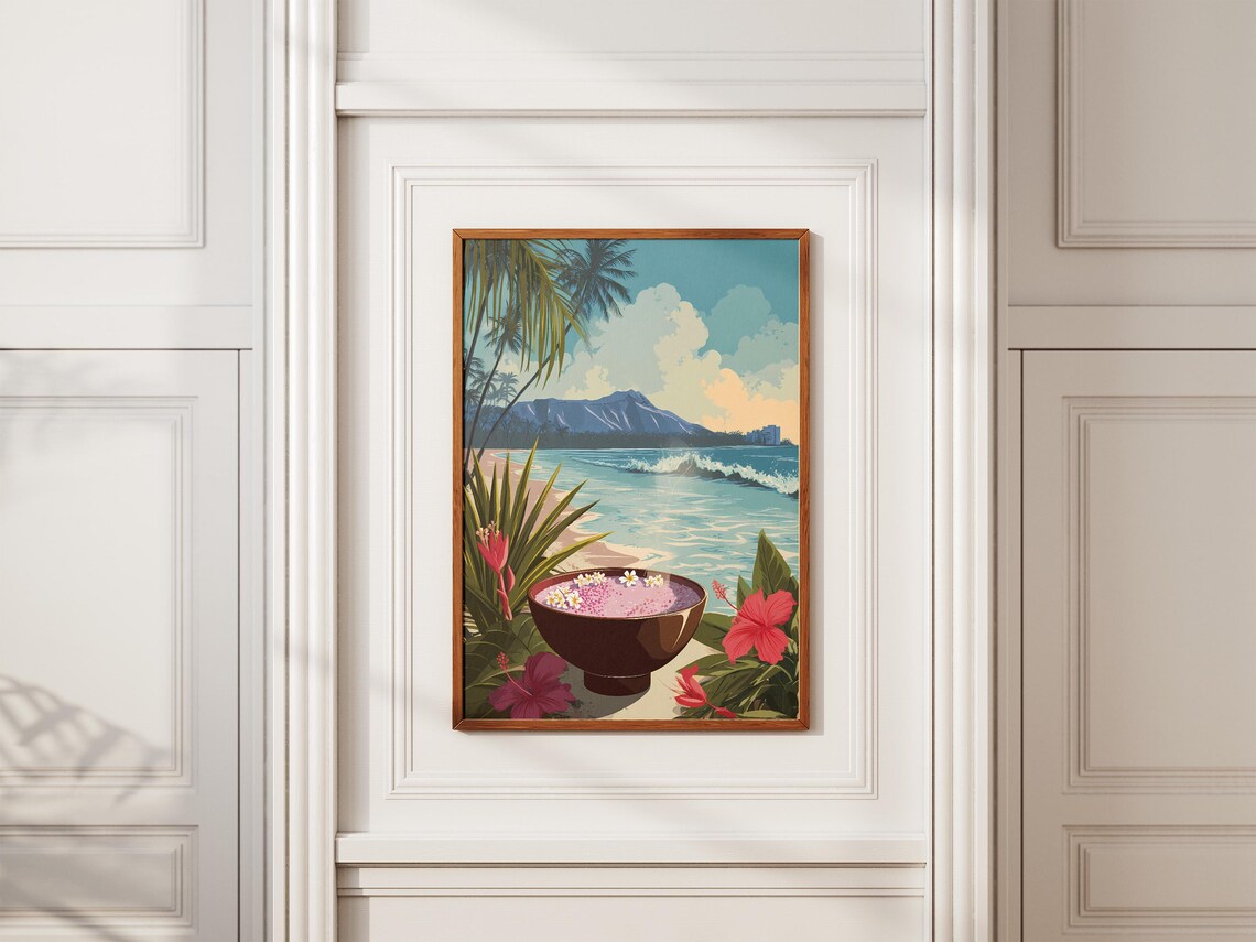 Hawaiian Poi Bowl With Beach Diamond Head Vintage Travel Poster - Image 2