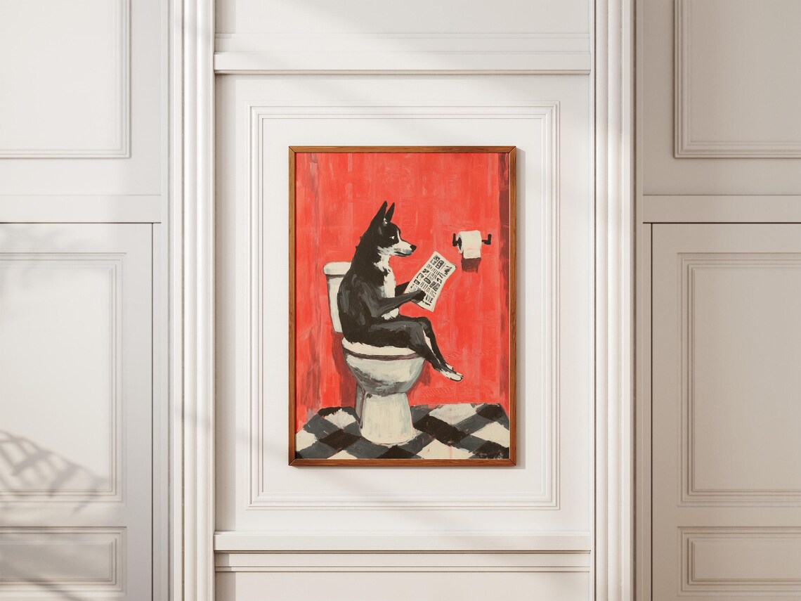Husky Dog Reading Newspaper on Toilet Funny Bathroom Art Poster - Image 2