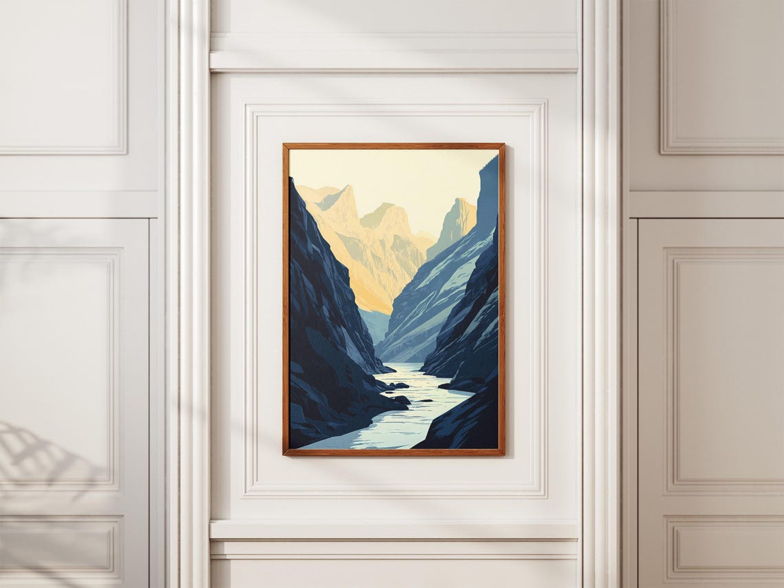Dramatic Mountain Canyon River Golden Light Minimalist Art Poster - Image 2