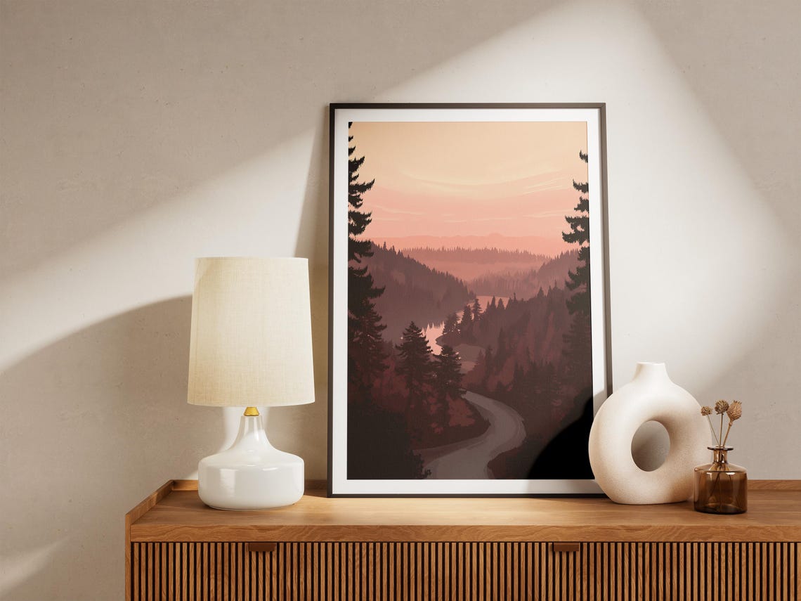 Redwood Forest Winding Road at Pink Misty Sunset View Art Poster - Image 5